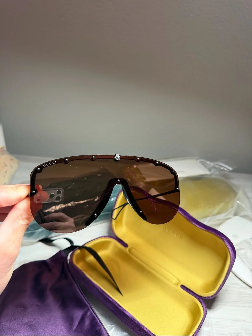 Gucci Brown Gradient Shield Sunglasses with Stud Accents